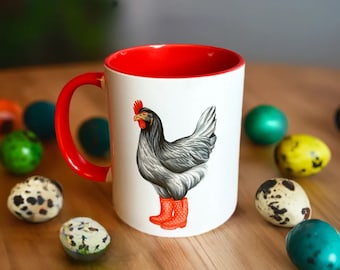 Tasse Poule en botte de pluie rouge