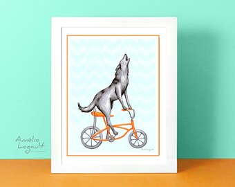Wolf art print, wolf on a bike print, biking wolf, cycling wolf, wolf drawing, wolf illustration, wold decoration, wall, 5x7 8x10 and 11x14