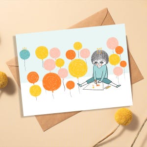 Coloriage garçon entouré de ballons - Carte de voeux