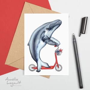 Baleine en trottinette, carte de souhaits