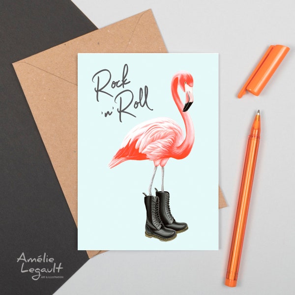 Flamingo wearing Doc Martens Boots, Rock n' Roll Greeting card