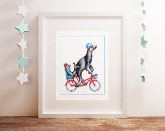 Sea lion on bike print, cycling sea lion print, 5 x 7, 8 x 10 and 11 x 14