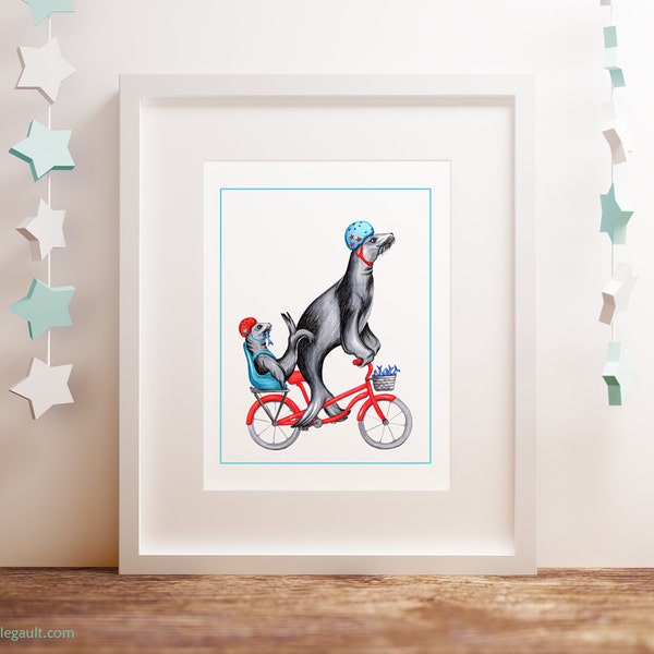 Sea lion on bike print, cycling sea lion print, 5 x 7, 8 x 10 and 11 x 14