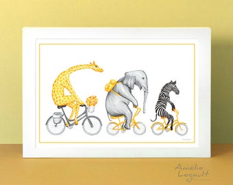 Jungle animals, Giraffe, elephant and zebra riding their bicycle, Poster
