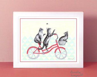 Cat art print, cat illustration, cat decoration, Cats on bicycle print, cats on bike drawing, painting, 5 x 7, 8 x 10, 11 x 14
