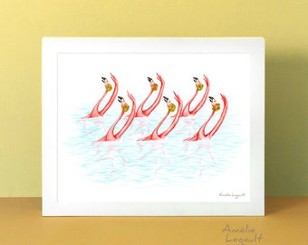 Flamingo artwork, flamingo art print, flamingo wall art, synchronized swimming, decoration, illustration 5 x 7'', 8 x 10'' & 11 x 14''