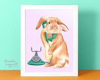 Rabbit art print, rabbit print, rabbit art work, rabbit on the phone, bunny decoration, bunny painting, 5 x 7'', 8 x 10'' & 11 x 14'' print