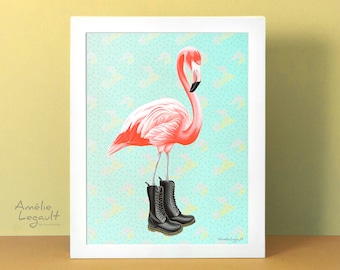 Pink Flamingo print, flamingo illustration, decoration, flamingo wearing boots, artwork, 5 x 7'', 8 x 10'' and 11 x 14'' print
