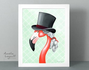 Flamingo print, flamingo artwork, Victorian Pink Flamingo gentleman, illustration, decoration, painting, 5 x 7'', 8 x 10'' & 11 x 14'' print