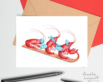 Lobster card, Lobsters in toboggan, tobogganing lobsters, Holiday card, Christmas card,