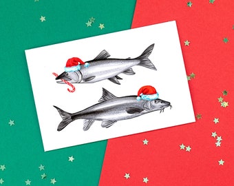 Holiday Card, fish Christmas card, chilly fish, fish dress for winter, Salmon and Bullhead