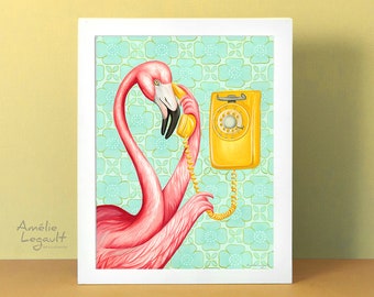 Pink flamingo wall art, flamingo artwork, flamingo decoration, illustration, flamingo on the phone, painting, 5 x 10'', 8 x 10'' & 11 x 14''