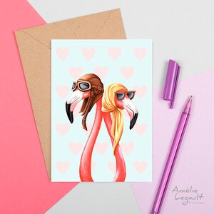 Flamants roses amoureux, carte de souhaits