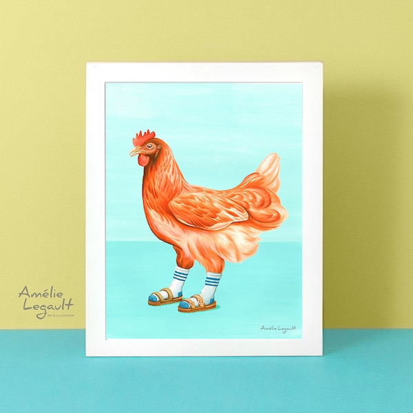 Hen wall art, Hen art print, Hen artwortk, Hen illustration, chicken decoration, Hen wearing sandals with socks prints, 5x7, 8x10 & 11x14