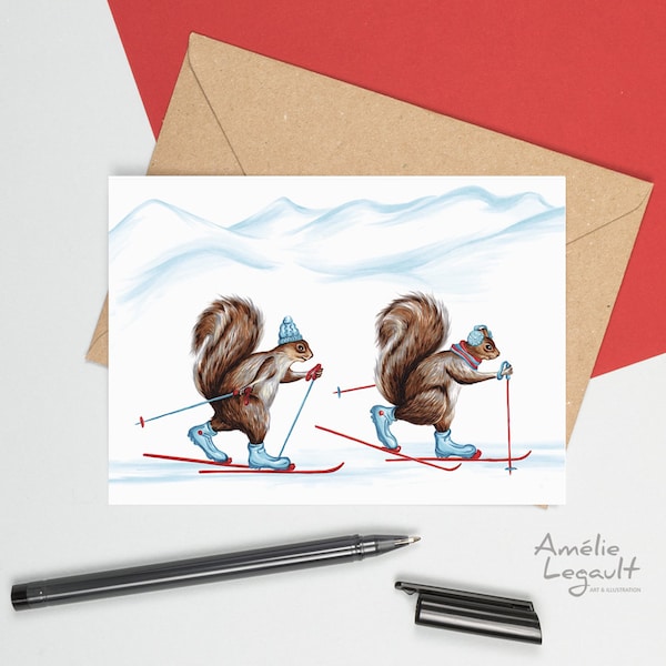 Holiday card with cross country skiing squirrels