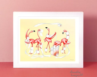 Pink flamingo print, flamingos hoarding toilet paper, illustration decoration, painting, drawing, artwork, 5 x 7'', 8 x 10'' & 11 x 14''