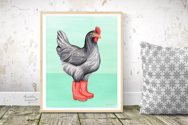 Chicken wearing rain boots prints 8x10 and 11x14 prints Etsy