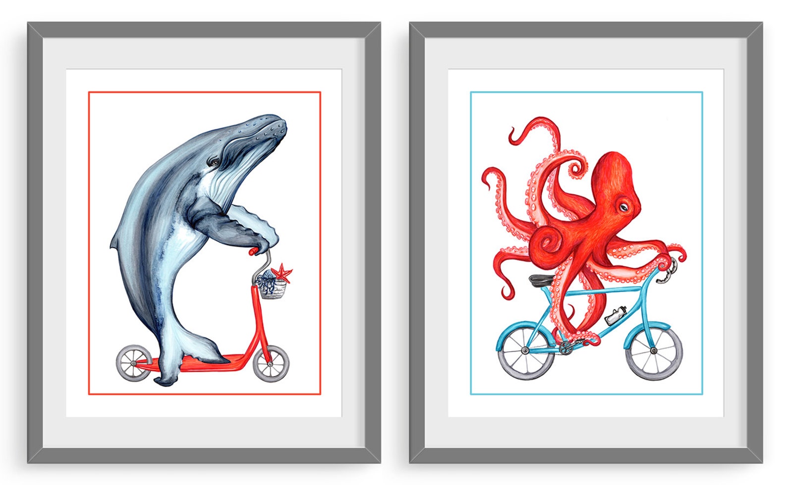 Octopus on bicycle print red octopus on bike print cycling Etsy