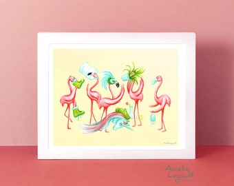 Pink flamingo print, illustration, artwork, decoration, flamingos wearing non-medical mask, 5 x 7'', 8 x 10'' and 11 x 14'' print