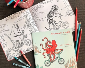 Coloring book, Animals on bikes, the jungle to the sea, French version