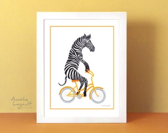 Zebra artwork, Zebra wall art, zebra on a bicycle print, cycling zebra, kids wall art, zebra illustration, decor 5 x 7, 8 x 10 & 11 x 14