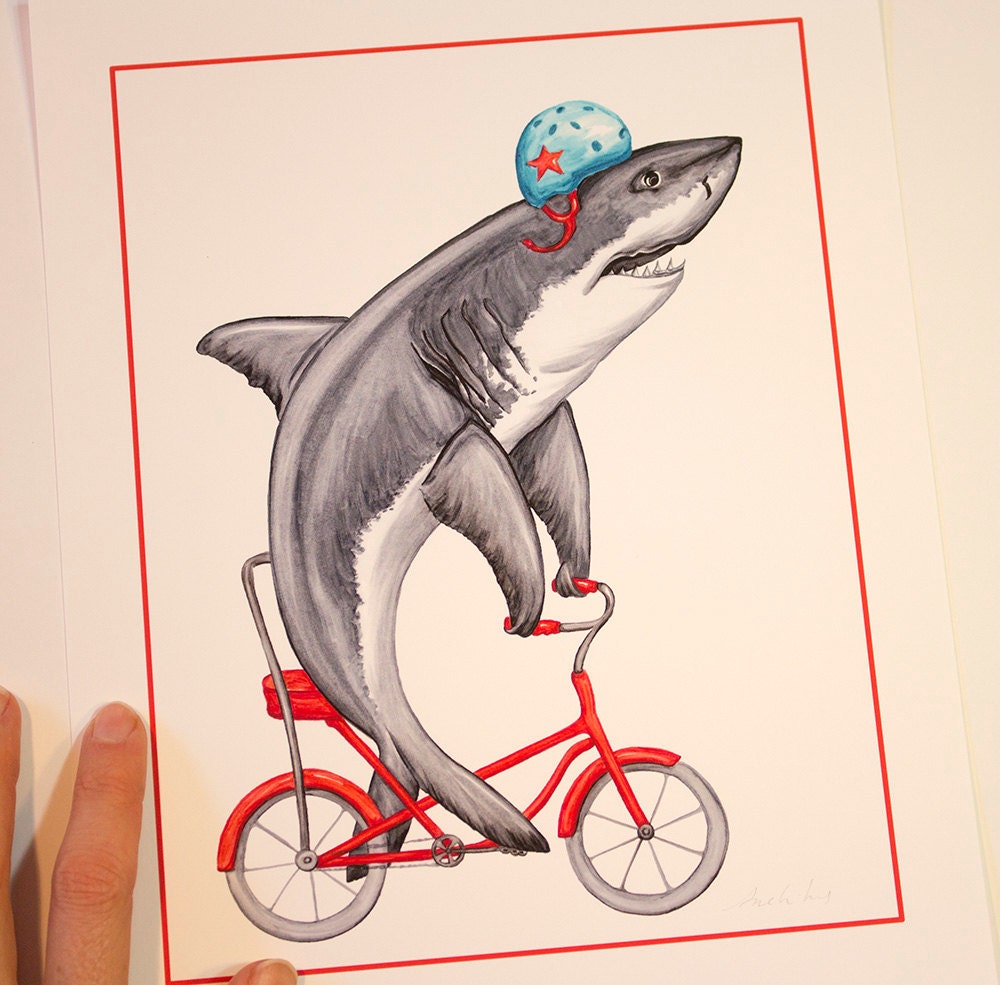 Shark on bicycle cycling shark print kids wall art 5 x | Etsy