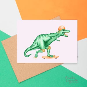 Tyrannosaure en planche à roulettes, carte de souhaits