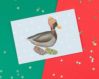 Carte de canard en pantoufles, carte d'hiver, carte de noël