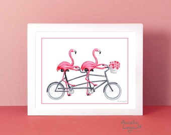 Pink flamingos on tandem bicycle print, cycling flamingos prints, kids wall art, illustration, decoration, 5 x 7'', 8 x 10'' & 11 x 14''