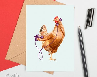 Hen card, Chicken card, hen birthday card, chicken greeting card, hen on the phone, chicken on the phone, hello card, hi card