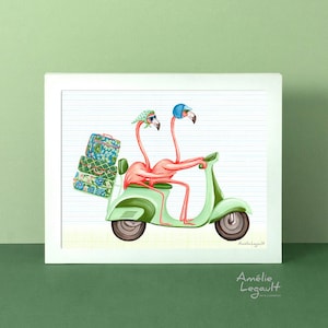 Poster Flamants roses en scooter