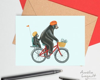 Carte de noël d'ours noir canadien à vélo, carte d'anniversaire d'ours en bicyclette