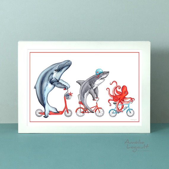 Humpback whale shark and octopus riding their bicycle | Etsy