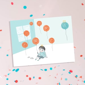 Garçon jouant entouré de ballons - Carte de voeux
