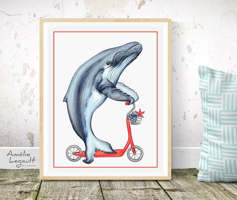 Humpback whale print whale on red scooter print cycling | Etsy