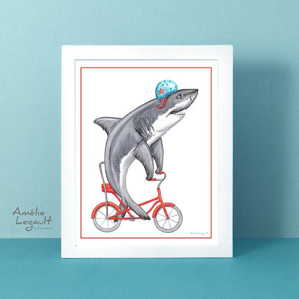 Shark print, Shark illustration, shark decoration, Shark on bicycle, cycling shark print, kids wall art, 5 x 7'', 8 x 10'', 11 x 14'' print