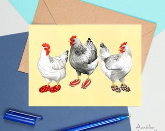 Hen card, hen greeting card, hen birthday card, hens wearing phentex slippers, hens birthday card, hens greeting card