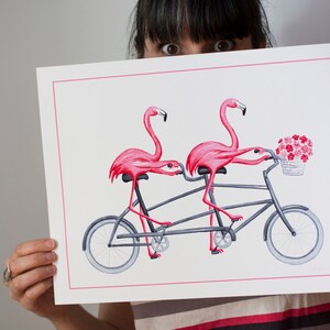 Pink flamingos on tandem bicycle print cycling flamingos | Etsy