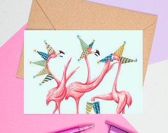 Pink flamingo birthday card, flamingo card, birthday card, greeting card, flamingos card, It's a flamingo birthday party!