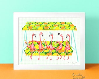 Pink flamingo wall art, flaming art print, illustration, decoration, flamingo on lawn chair drinking cocktail, 5 x 7'', 8 x 10'' & 11 x 14''