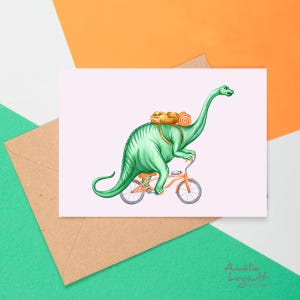 Brontosaure en vélo, carte de souhaits