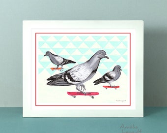 Pigeons on skateboard print, pigeons drawing, pigeon illustration, pigeon artwork, pigeon wall art, decoration, 5 x 7,  8 x 10 & 11 x 14