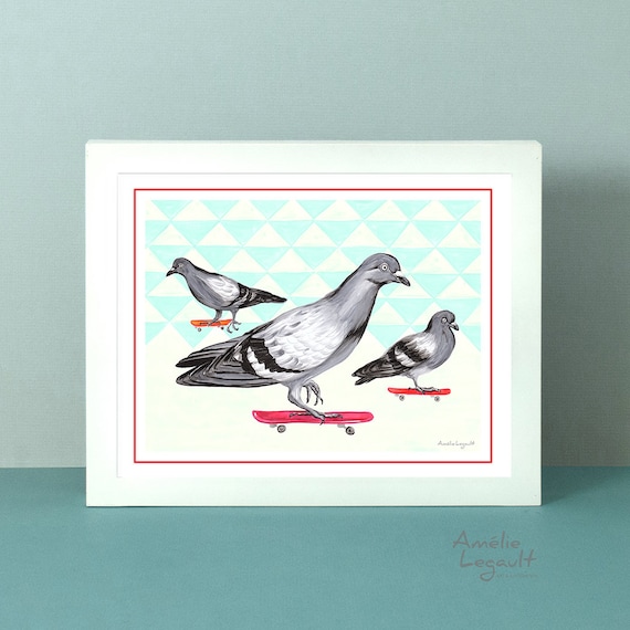Er is een trend Golf Afleiden Poster skateboard duiven duif illustratie duif decoratie - Etsy Nederland