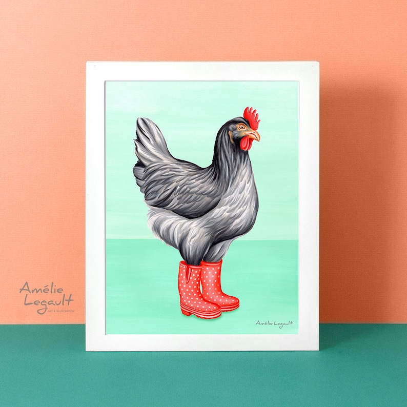 Chicken wearing rain boots prints 8x10 and 11x14 prints Etsy