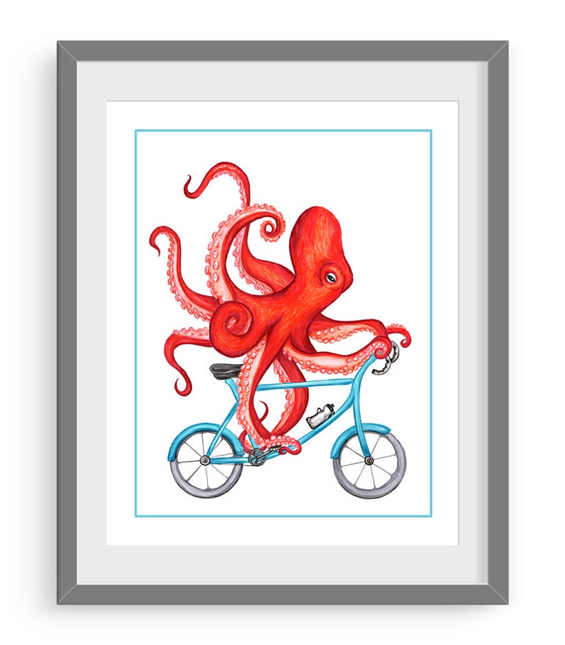 Octopus on bicycle print red octopus on bike print cycling  etsy