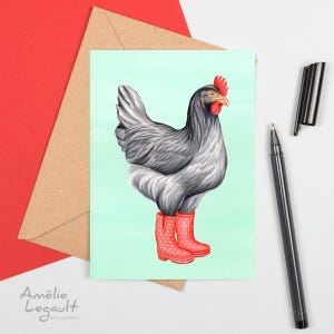 Poule en bottes de pluie, carte de souhaits
