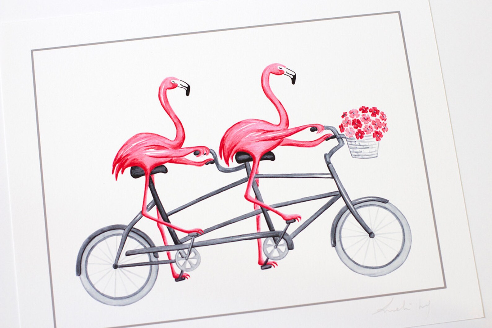 Pink flamingos on tandem bicycle print cycling flamingos | Etsy