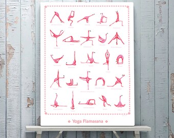 Pink Flamingo yoga pose poster with 25 asanas, 18 x 24 poster