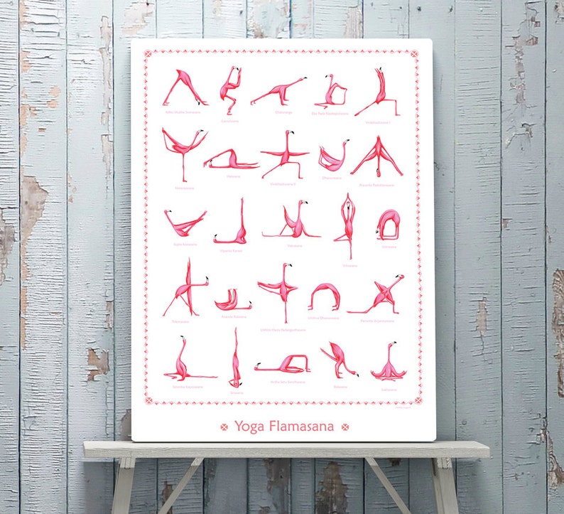 Pink Flamingo yoga pose poster with 25 asanas, 18 x 24 poster image 1