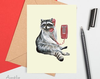 Raccoon card, raccoon birthday card, raccoon greeting card, raccoon on the phone card, hello card, hi card, hello
